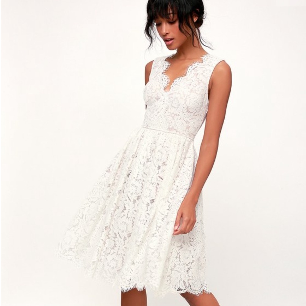 Love Swept White Lace Midi Skater Dress